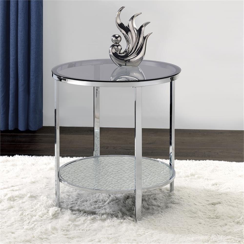 Pemberly Row Round Chrome and Tempered Glass End Table, Smoky Glass Top, Text...