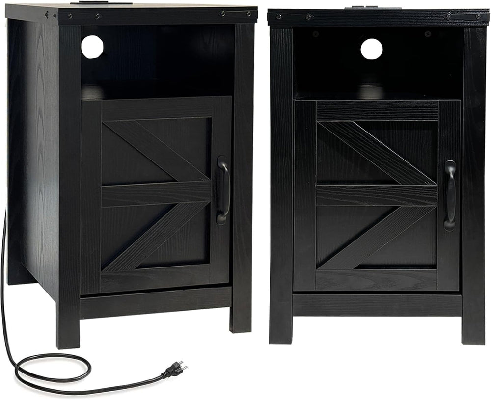 Farmhouse Nightstand Set of 2 with Charging Station, Modern Bedside Table wit...