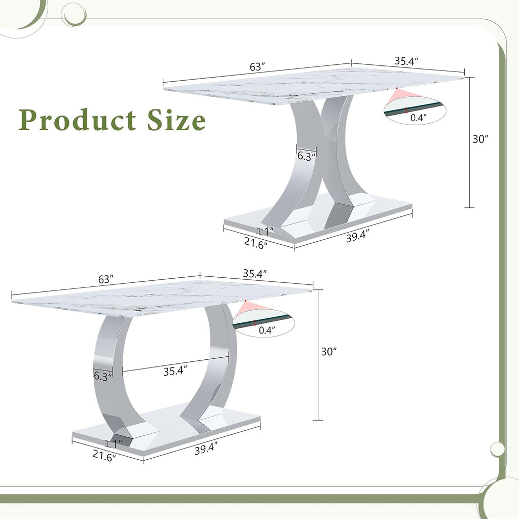 Knocbel 63" Glass Dining Table for 6-8, Kitchen Table with Faux Marble Tabletop and Stainless Steel C-Shaped Pedestal Base, Modern Rectangular Dinner for Apartment Home, Silver & Printed Glass