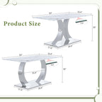 Knocbel 63" Glass Dining Table for 6-8, Kitchen Table with Faux Marble Tabletop and Stainless Steel C-Shaped Pedestal Base, Modern Rectangular Dinner for Apartment Home, Silver & Printed Glass