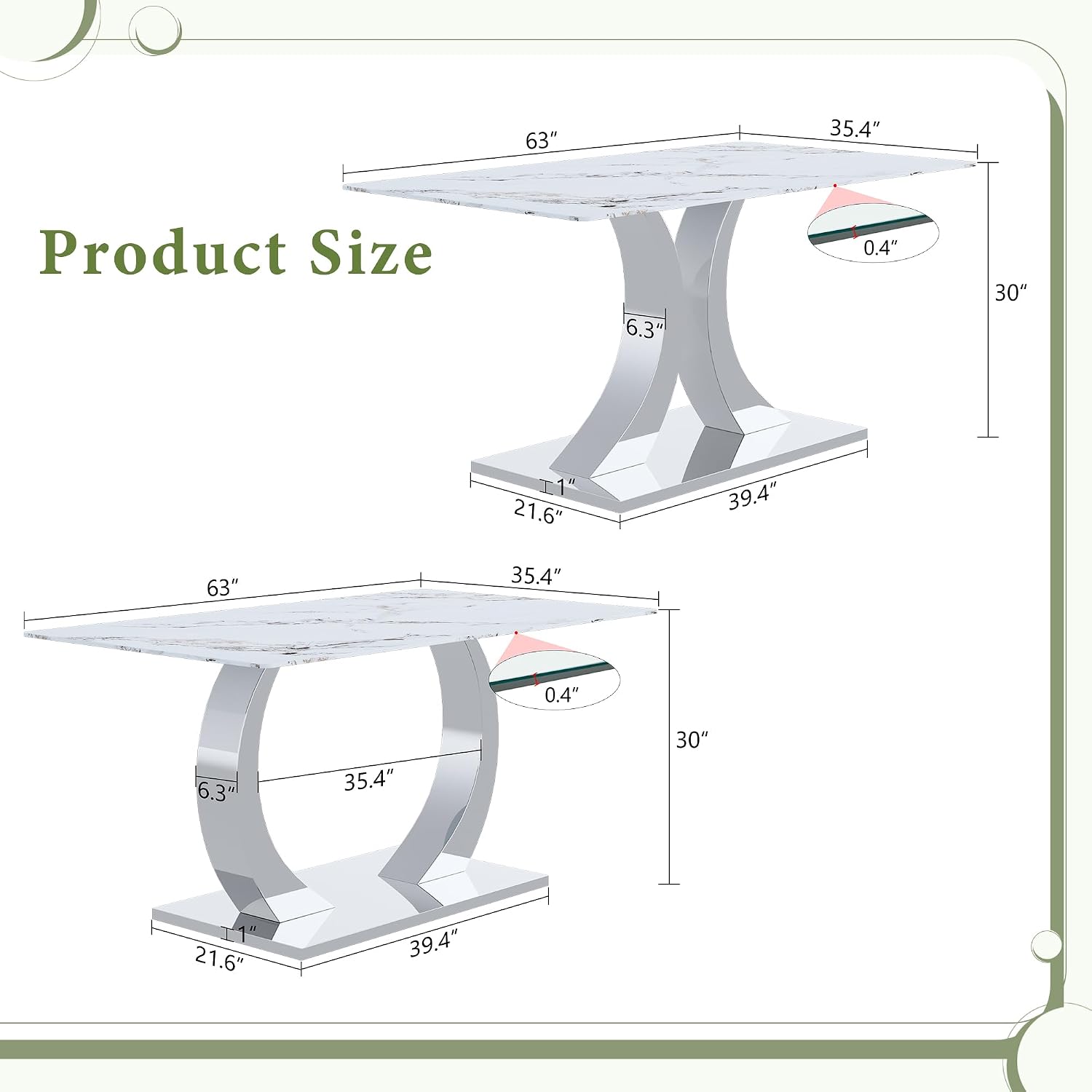 Knocbel 63" Glass Dining Table for 6-8, Kitchen Table with Faux Marble Tabletop and Stainless Steel C-Shaped Pedestal Base, Modern Rectangular Dinner for Apartment Home, Silver & Printed Glass