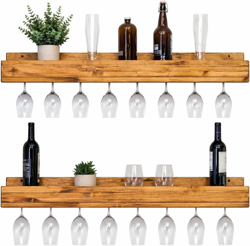 Wall Mounted Wine Rack 36" Set of 2, Solid Wood Stemware Shelves, Golden...