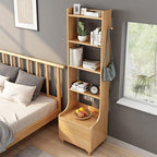 IOTXY Oak Bedside Table Bookshelf - 71" Tall Free Standing Wooden Open Shelf Bookcase with Drawers and 4-Shelves for Bedroom, Bed Side End Table, Nightstand