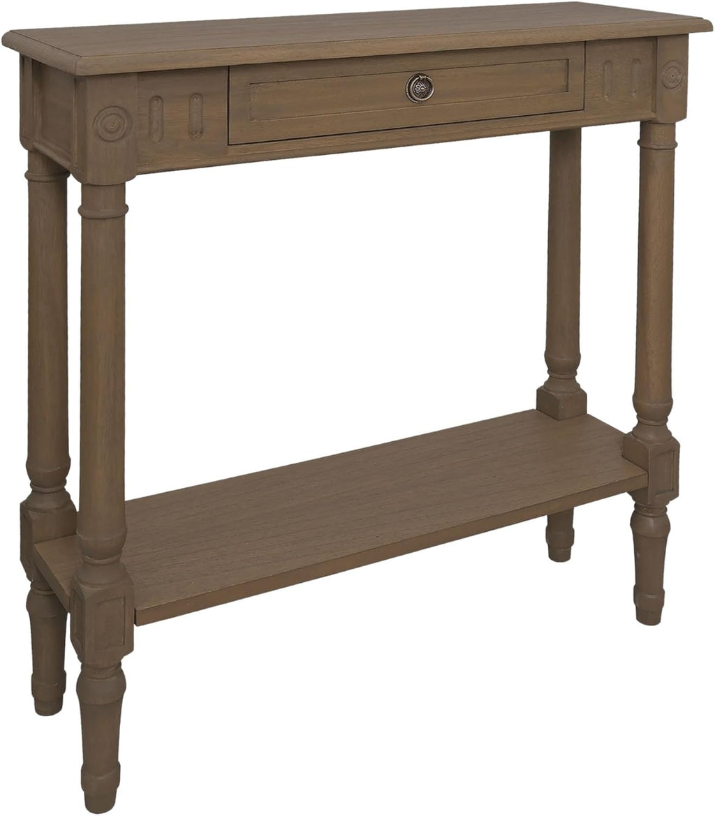 East at Main Marisol Slim Console Table, Brown Wood Finish, 31.5” Narrow Entryway Table, 8” Deep Hallway or Sofa Table with Drawer & Shelf