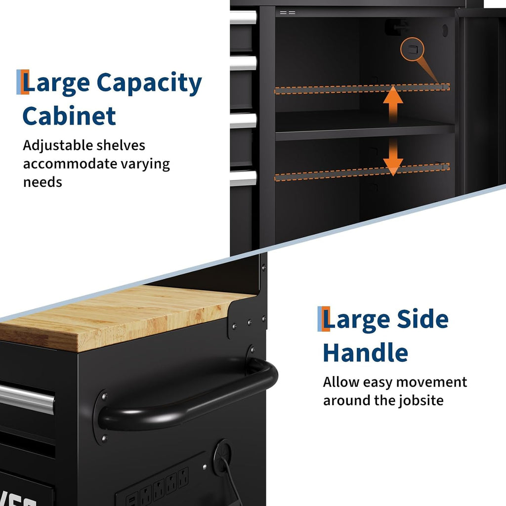 Garvee 60 in Rolling Tool Chest, 10 Drawers Mobile Garage Tool Cabinet | Heavy Duty 1750 LBS Load Workbench with Pegboard & Charging Station for Workshop, Black