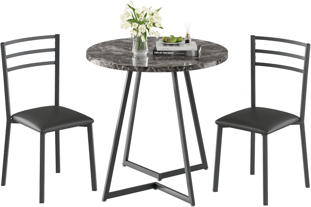 VECELO Small Round Dining Table Set for 2, Wood Tabletop with Strong Metal Fr...