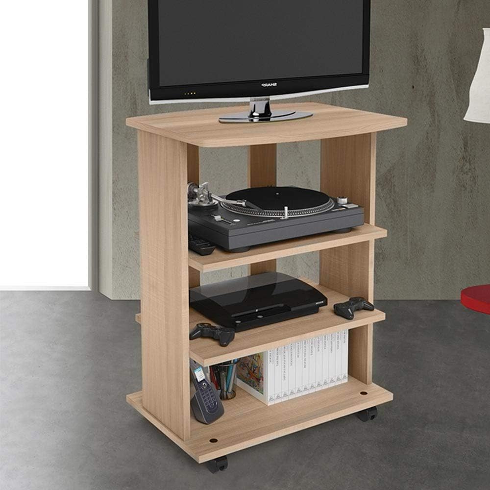 BAKAJI MDF Wood TV Unit with 3 Shelves for Video Games DVD and 4 Wheels Cabinet Trolley TV Stand Modern Design Size 60 x 45 x 80.5 cm (Oak)
