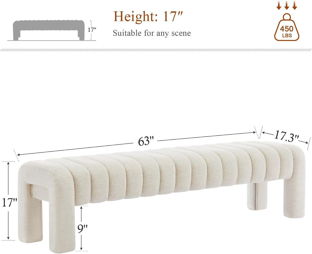 63’’ Bedroom Bench, Upholstered End of Bed Bench with Solid Wood Legs, Modern...