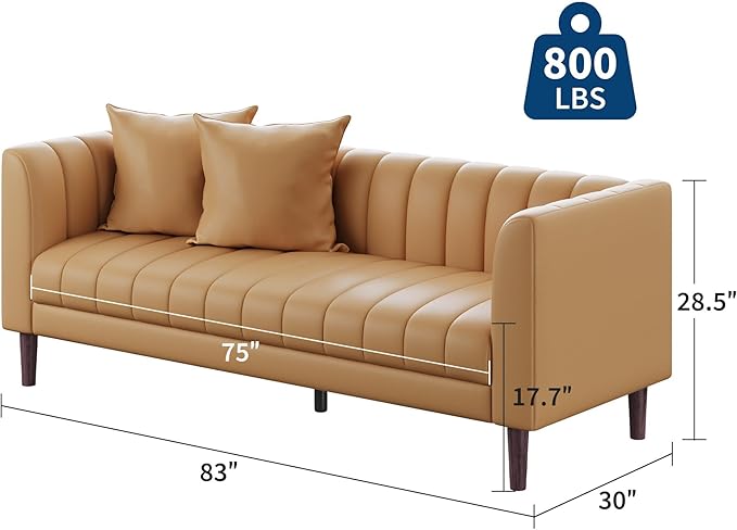IDEALHOUSE 83" W Faux Leather Sofa Couch for Living Room, Modern 3 Seater Sofa Couch with Deep Seats, 2 Throw Pillows and Wood Legs, for Small Space, Bedroom, Apartment, Home Office, Brown