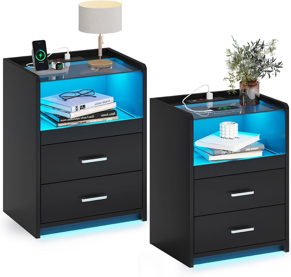 AOGLLATI LED Nightstands Set of 2 with Charging Stationand Glass Top | Black ...