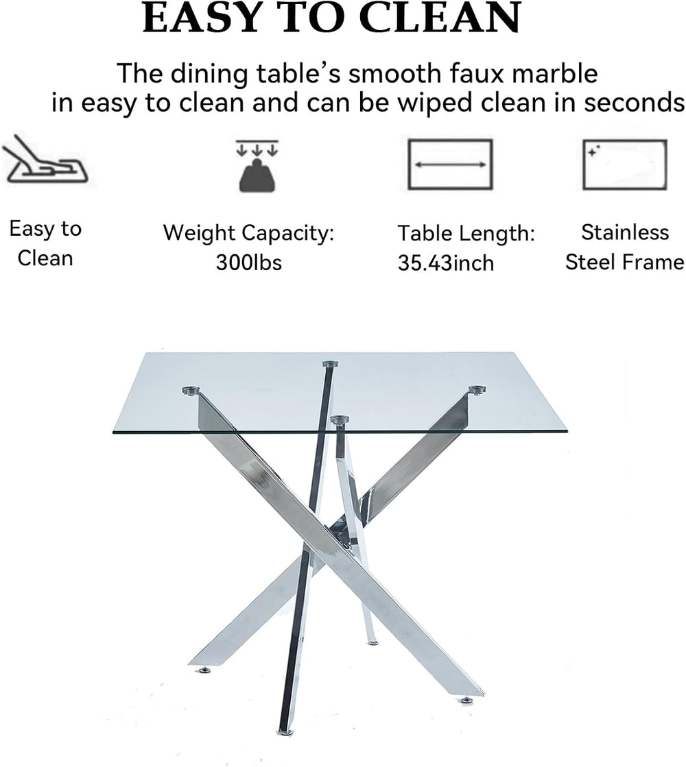 5-Piece Dining Room Table Set, Modern 36" Square Silver Glass Dining Tab...