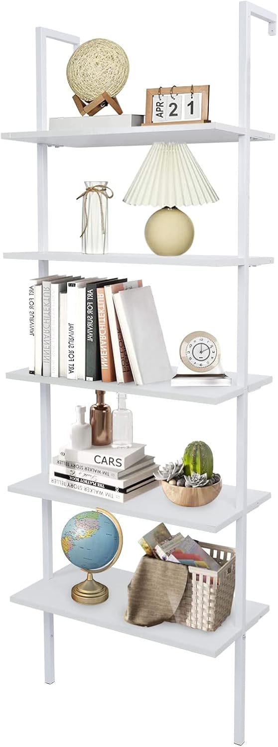 White Ladder Shelf Wall Mount, 5 Tier Ladder Bookshelf with Wood Shelf and Metal Frame, Modern Tall Ladder Shelves for Living Room, Bedroom, Office (12" D x 24" W x 71" H)