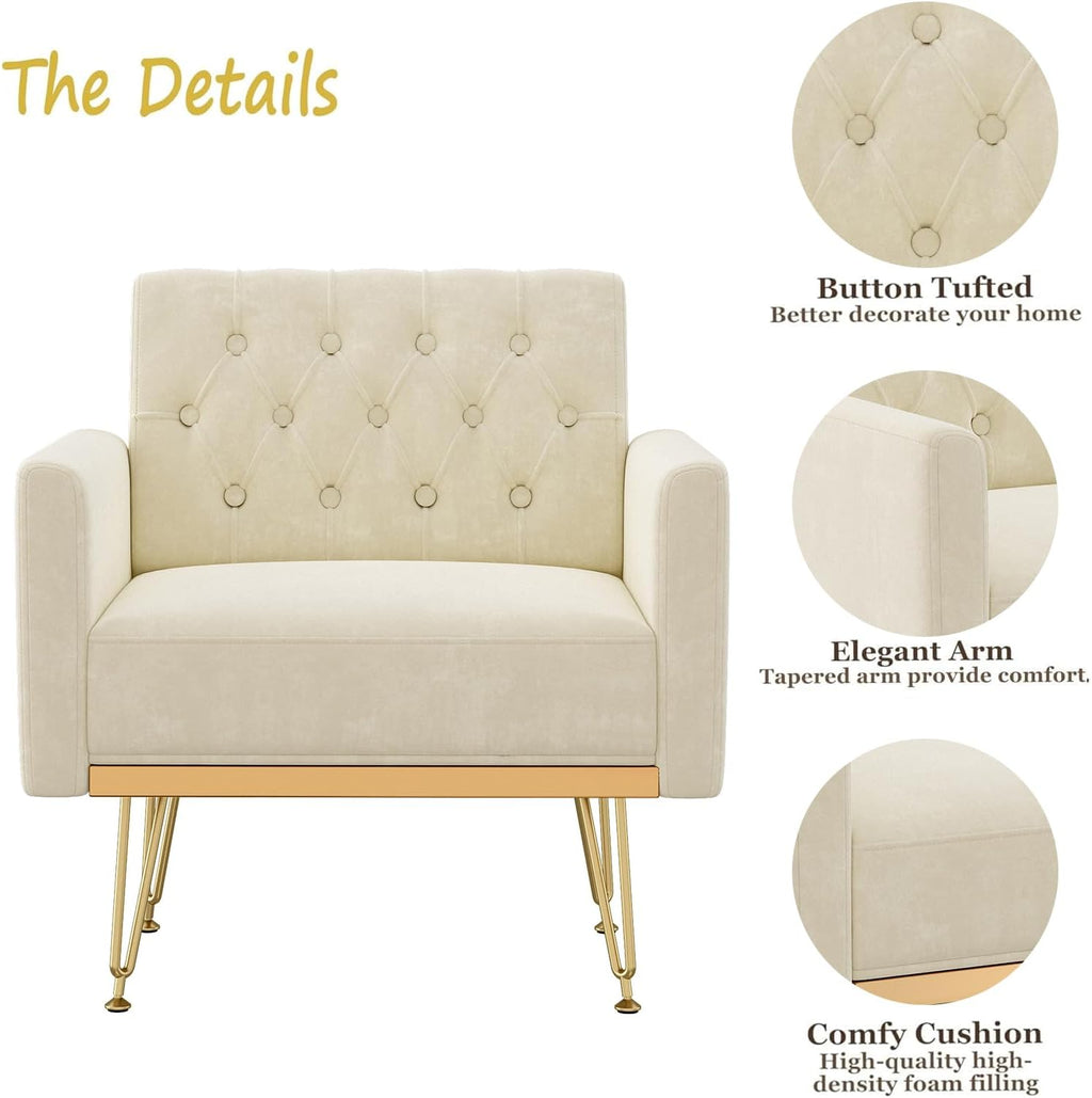 Olela Accent Chair with Arm for Living Room, Velvet Modern Armchair Single Sofa Cozy Tufted Upholstered Reading Side Chairs with Gold Metal Leg for Bedroom Decorate