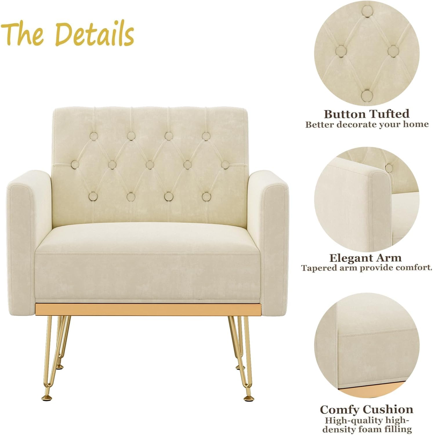 Olela Accent Chair with Arm for Living Room, Velvet Modern Armchair Single Sofa Cozy Tufted Upholstered Reading Side Chairs with Gold Metal Leg for Bedroom Decorate