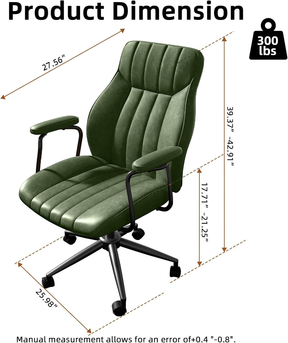 Green Leather Office Chair, Mid Century Home Office Desk Chair | Ergonomic Cu...