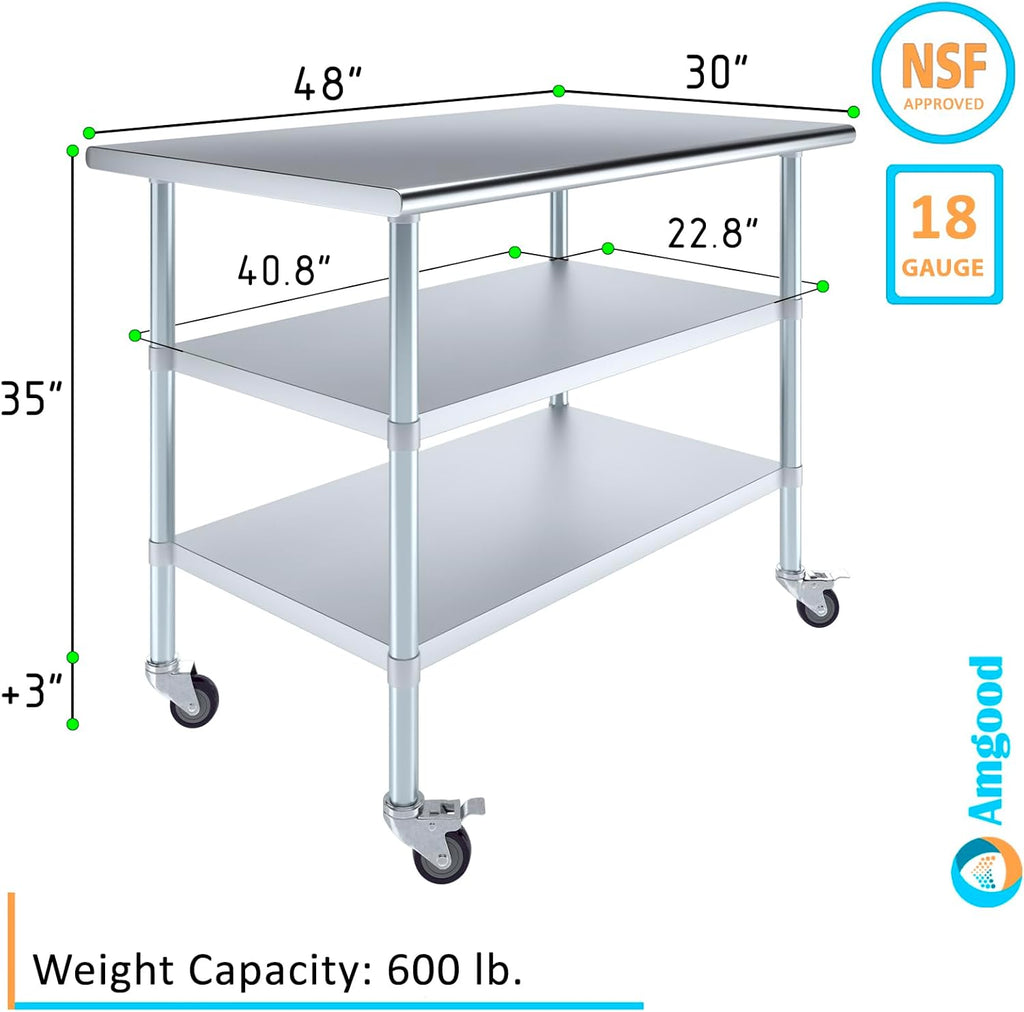 AmGood Stainless Steel Work Table with 2 Shelves and Casters | Metal Utility Table On Wheels (Stainless Steel Work Table with 2 Shelves + Casters, 48" Long x 30" Deep)