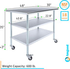 AmGood Stainless Steel Work Table with 2 Shelves and Casters | Metal Utility Table On Wheels (Stainless Steel Work Table with 2 Shelves + Casters, 48" Long x 30" Deep)