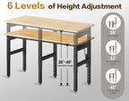 72” Heavy Duty Workbench, 5000 LBS Capacity Adjustable Work Bench with Pegboard and Power Outlet, Rubber Wood Work Table for Garage, Office, Workshop, Home