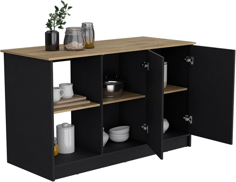 Large Worktop Kitchen Island with Double Door Cabinet