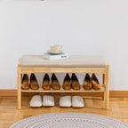 SOBIBO 2-Tier Entryway Shoe Rack Bench, Rubber Wood, Beige & Natural, 31.5" | 8–12 Pairs Capacity, Double-layer Storage, High-density Sponge Cushion, Ideal for Entryway, Hallway, Bedroom