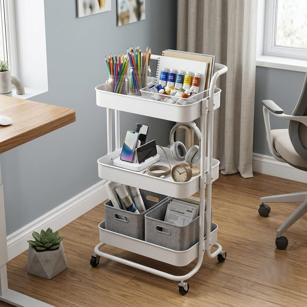 3 Tier Rolling Cart with Wheels, Metal Utility Cart Organizer with Handle for...