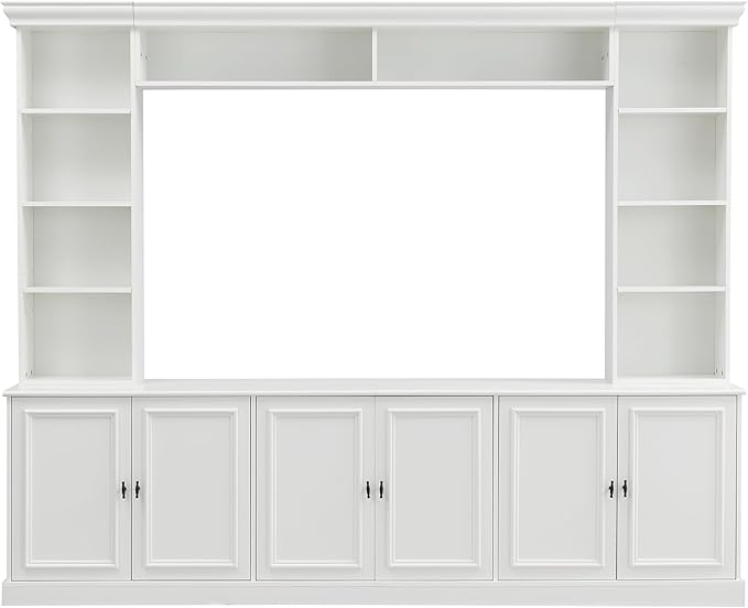 SOFTSEA 4-Piece Entertainment Center Wall Unit for TVs up to 70", Large TV Stand Wall Unit with Bookshelves, 6 Doors & Adjustable Shelves, Media Console with Bridge for Living Room, White