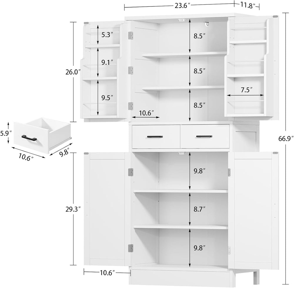 TEENFON Farmhouse Pantry Cabinet, 66.9″H Tall Kitchen Storage Cabinet with Ba...
