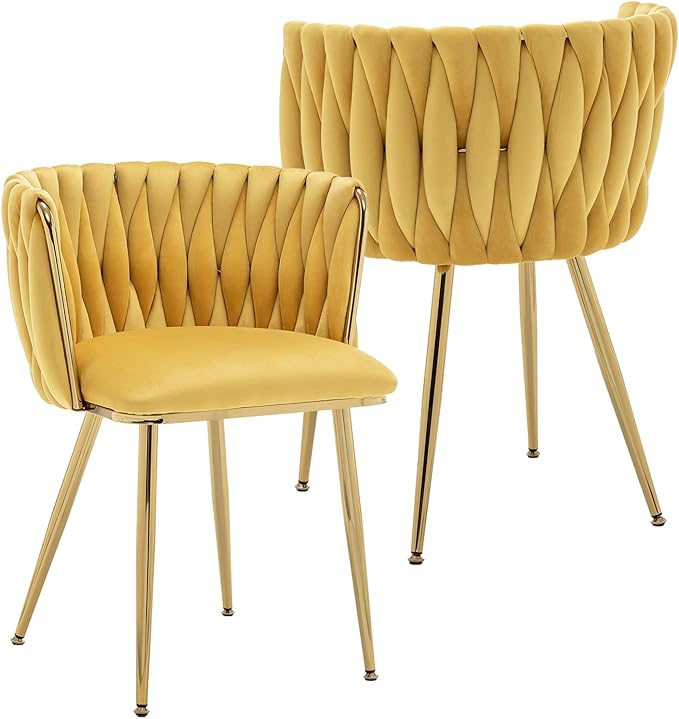 Kiztir Velvet Dining Chairs Set of 2, Upholstered Dining Room Chairs with Gold Metal Legs, Luxury Tufted Dining Chairs for Living Room, Bedroom, Kitchen (Yellow)