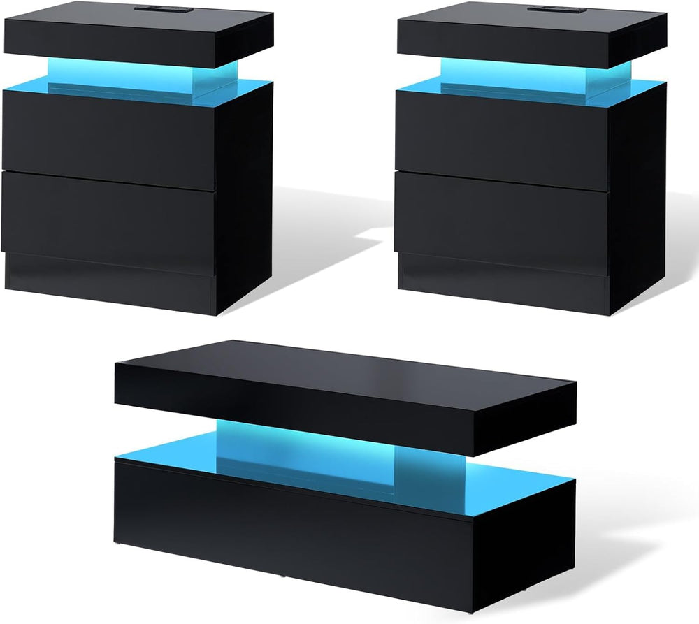 AMERLIFE High Gloss 3 Pieces Living Room Table Set, Modern LED Coffee Table S...