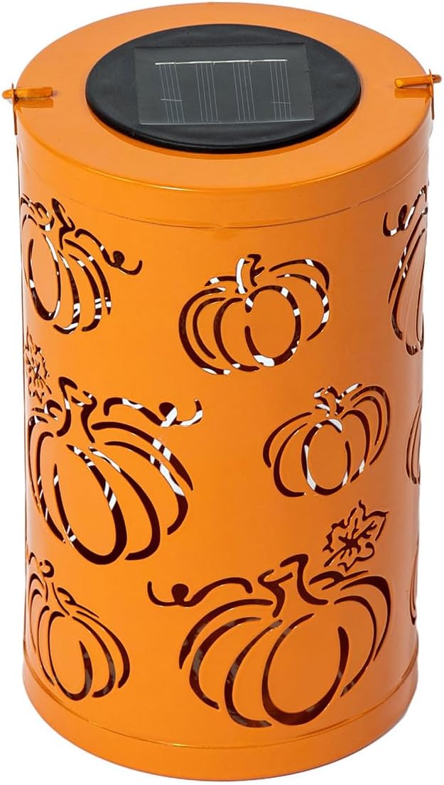 Glitzhome 10.75" H Fall Metal Pumpkin Lantern Decor Solar Powered LED La...