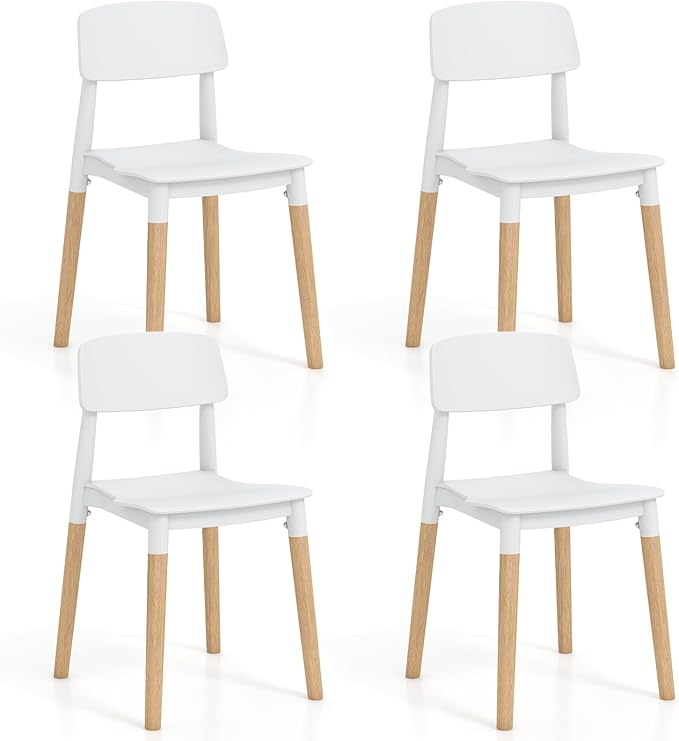 Giantex Modern Dining Chairs Set of 4, Plastic Dining Side Chair Set w/Sturdy Wooden Legs, Wide Seat & Ergonomic Backrest, Armless Kitchen Chairs for Dining Room Living Room Restaurant Cafe (White)
