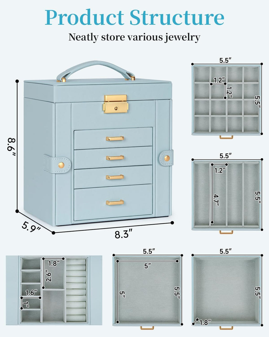 TORIBIO Jewelry Box for Women, Leather Jewelry Organizer with Mirror & Lock, 5-Tier Jewelry Storage Organizer with 4 Drawers for Girls/Women/Mothers, Necklace Earring Bracelets Holder Organizer