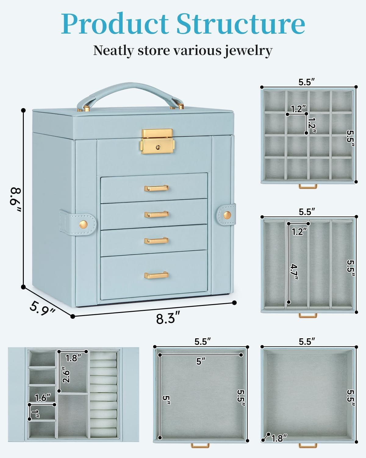 TORIBIO Jewelry Box for Women, Leather Jewelry Organizer with Mirror & Lock, 5-Tier Jewelry Storage Organizer with 4 Drawers for Girls/Women/Mothers, Necklace Earring Bracelets Holder Organizer