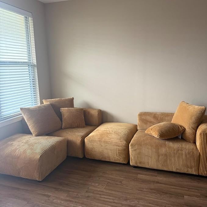 Acanva Corduroy Convertible Modular L Shaped Sectional Sofa, 4 Seater Free Combination Corner Couch, Convertible to DayBed, Wide Loveseat with Moveable Ottomans for Small Spaces, Sleeper Bed, Yellow