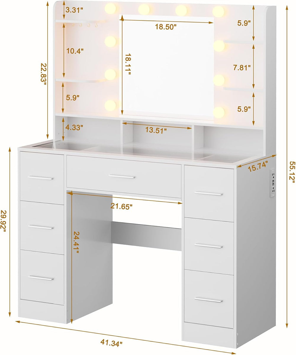 ERLEJIA Vanity Desk with Mirror and Lights, 41.34" 7-Drawer Makeup Table...