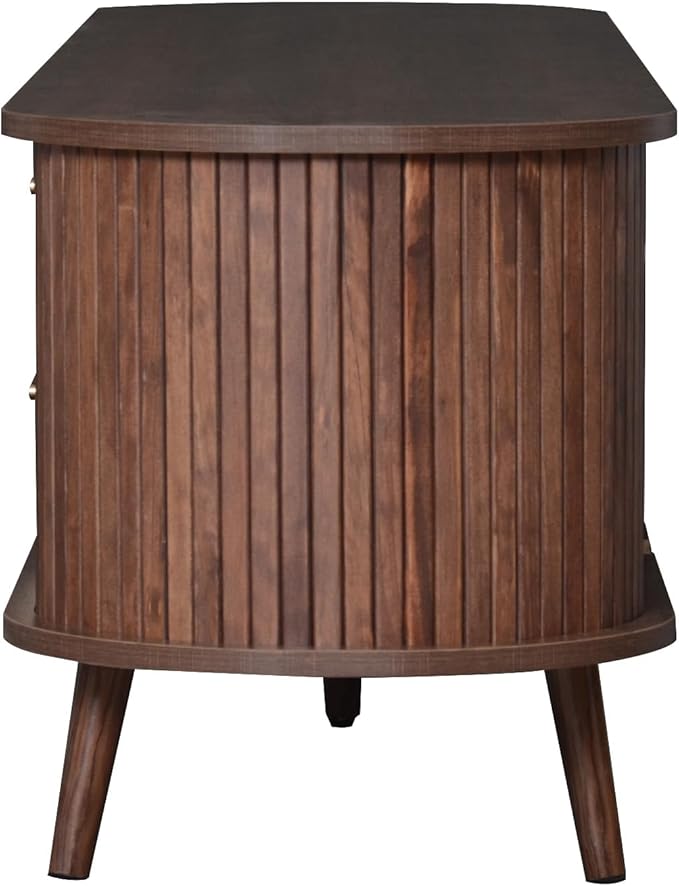 Mid Century Modern TV Stand for TVs up to 75”, Fluted Entertainment Center, Media Console with Tambour Sliding Doors and Wood Panel Drawers, Walnut Finish Media Console for Living Room