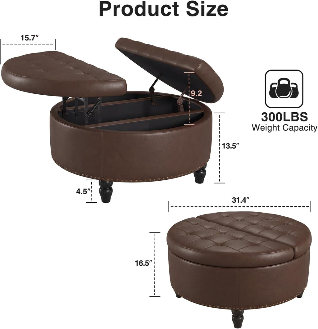 FiveWillowise 30 Inch Large Round Ottoman with Storage Circular,Chocolate | Leather Coffee Table with Lift Top,Modern Upholstered Button Tufted Footrest Stool Solid Wood Legs for Living Room,Bedroom
