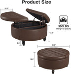 FiveWillowise 30 Inch Large Round Ottoman with Storage Circular,Chocolate | Leather Coffee Table with Lift Top,Modern Upholstered Button Tufted Footrest Stool Solid Wood Legs for Living Room,Bedroom