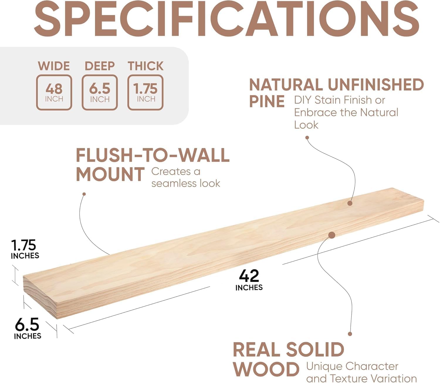 Homeforia 42 inch Wood Floating Shelf, High End Solid Natural Wood 42inch Large Floating Shelves for Wall Mounted, Unfinished Wooden Floating Shelves, Heavy Duty Bracket, 42 X 6.5 X 1.75 in, Set of 2