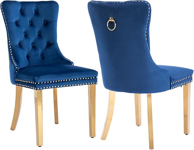 Blue Velvet Dining Chairs Set of 2, Kitchen Chairs Set of 2, Tufted Upholstered Dining Room Chair, Back Ring Pull Trim, Golden Stainless Steel Legs, Blue