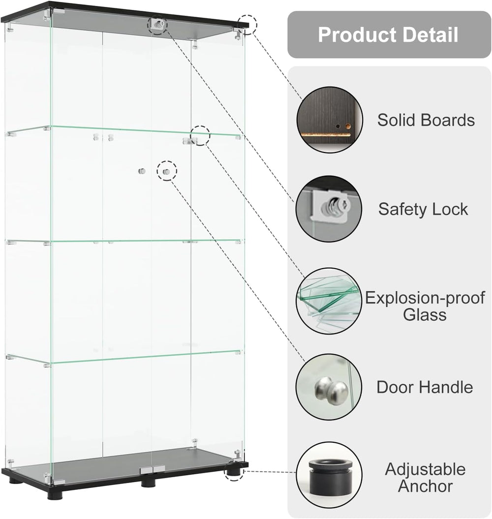 Glass Display Cabinet with 4-Shelf Double Doors and Lock, Curio Cabinet 5mm T...