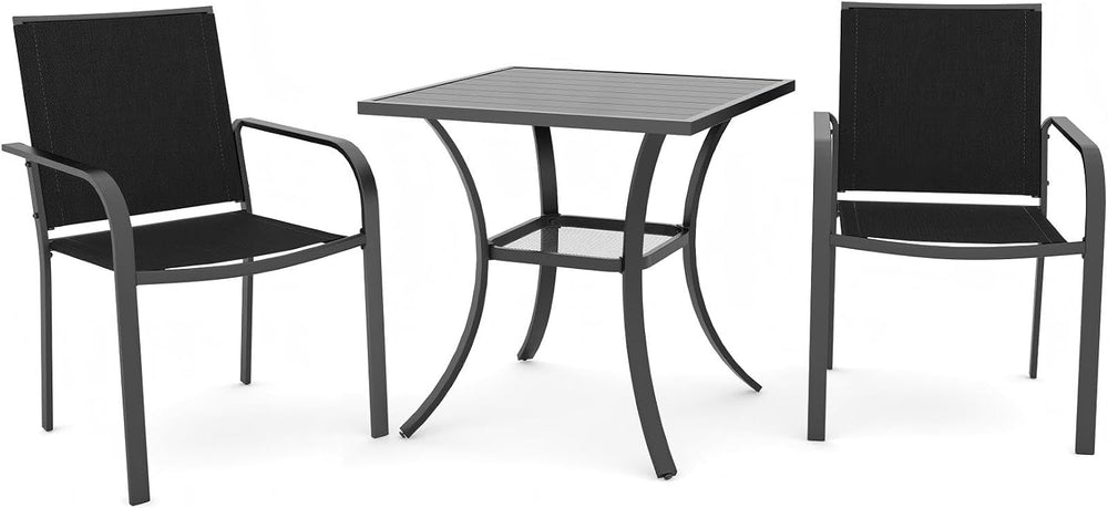 Anmutig Outdoor Bistro Set for 2, Stackable Chairs & Square Table, Black
