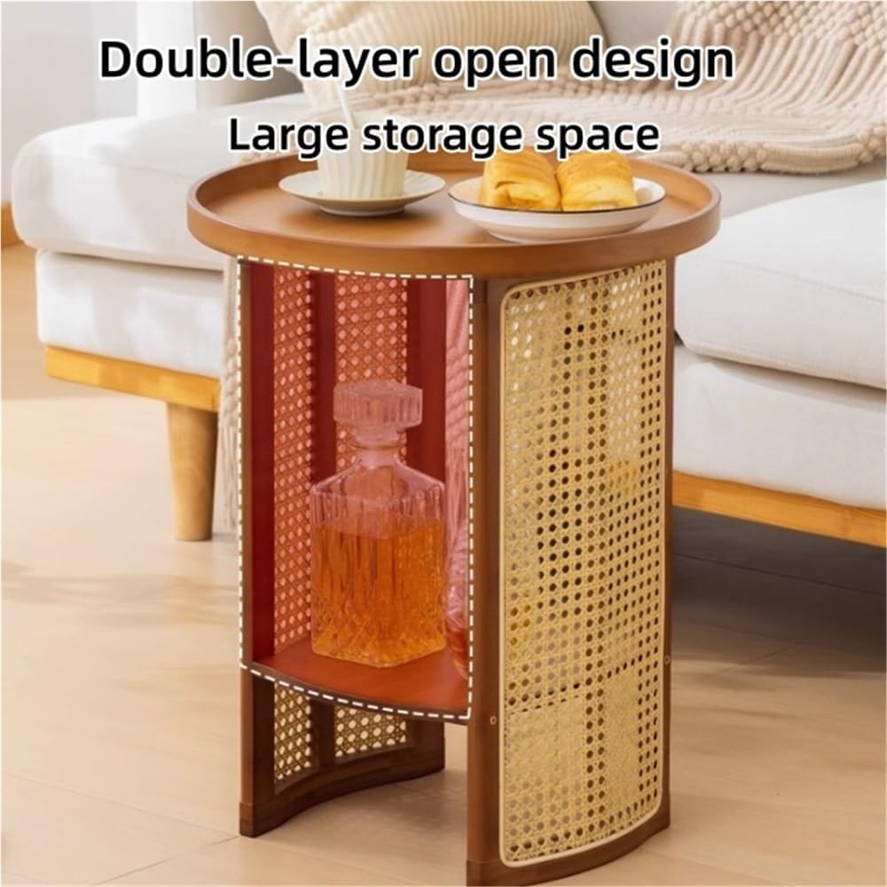 2-Layer Storage End Table, Resin Rattan Small Side Table, Small Round Table w...