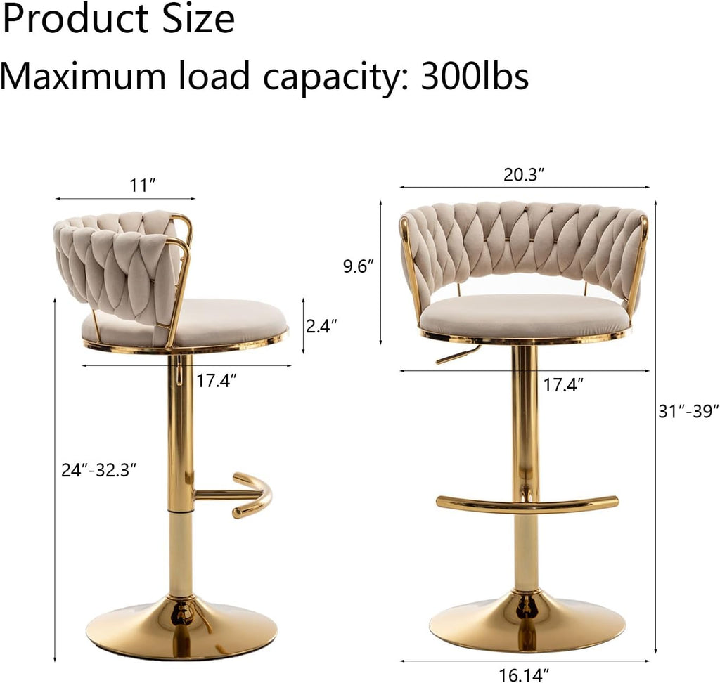 Riknuxi Velvet Bar Stools Set of 3, Counter Height Barstools with Low Back, Gold Swivel Bar Stool for Kitchen Island, Pub (Beige)