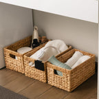 KOKODO Pack 3 Medium Wicker Storage Baskets with Chalkboard, Stylish and Durable Water Hyacinth Rectangle Handwoven Basket Bin with Metal Frame & Handle for Room Organizing