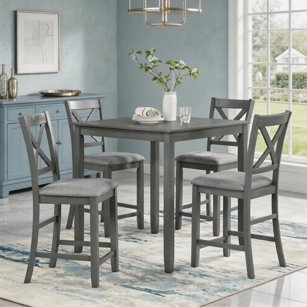 LUMISOL 5-Piece Solid Wood Table Set for 4, Farmhouse Counter Height Kitchen ...