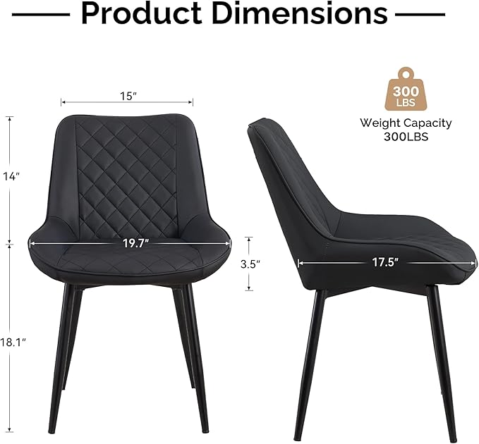 Dining Chair Set of 6, Modern Dining Chairs with Thick Cushions, Faux Leather Upholstered Kitchen Dining Room Chairs with Metal Adjustable Legs for Dining Living Room, Black