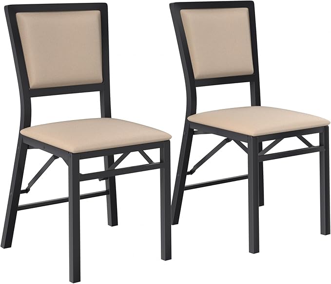 VECELO Folding Chairs Set of 2 with Cushion, Foldable Padded Seats with Heavy Duty Metal Frame for Kitchen/Dining/Living Room, No Assembly & Space Saving Design, Beige
