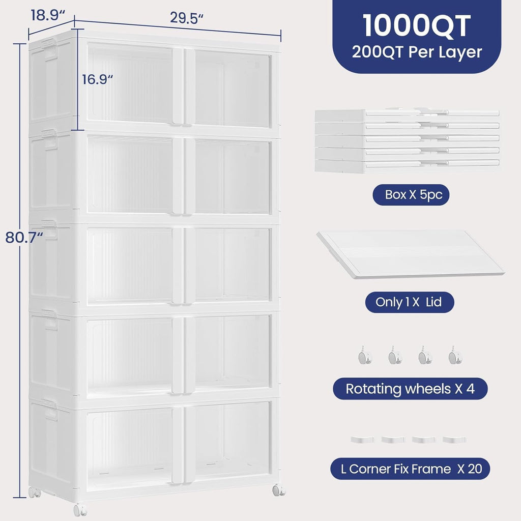 1000Qt Stackable Storage Bins with Lid and Wheel, 250Gal Plastic Closet Organizer and Storage Drawer, Large Collapsible Storage Box Cabinet with Clear Door for Home Kitchen Office, 5Pack White