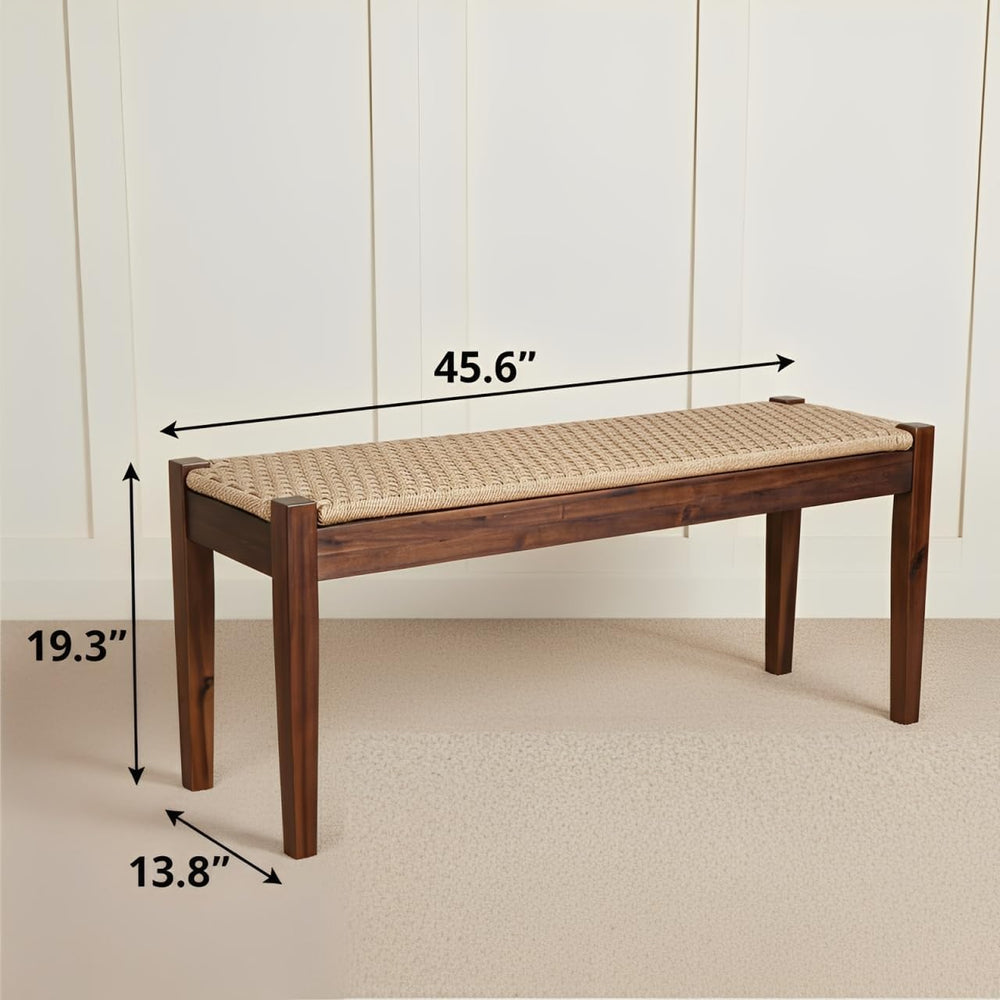 Vintage Entryway Bench, 45 inch Acacia Wood Bench with Woven Rope Seat, Wicke...